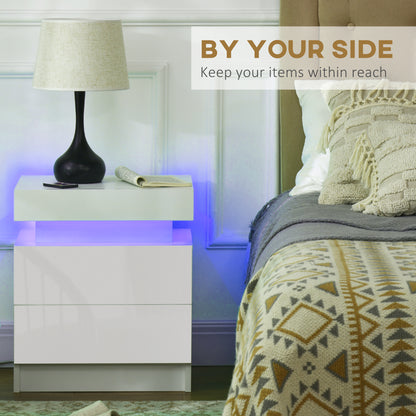 Nisu High Gloss White Set Of 2 Bedside Tables With LED Lighting and Storage Drawers