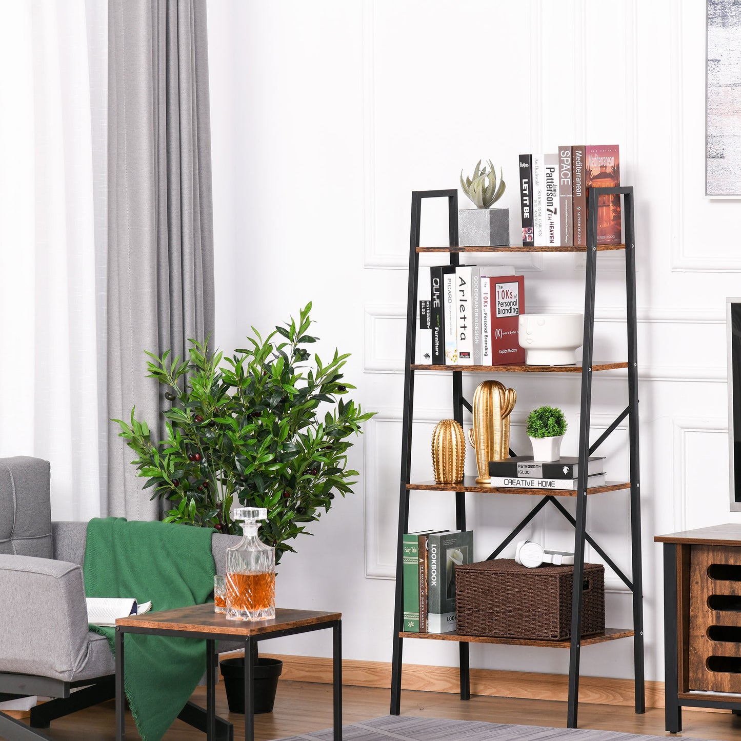 Tanile Metal And Wood Rustic Brown And Black 4 Tier Ladder Bookshelf