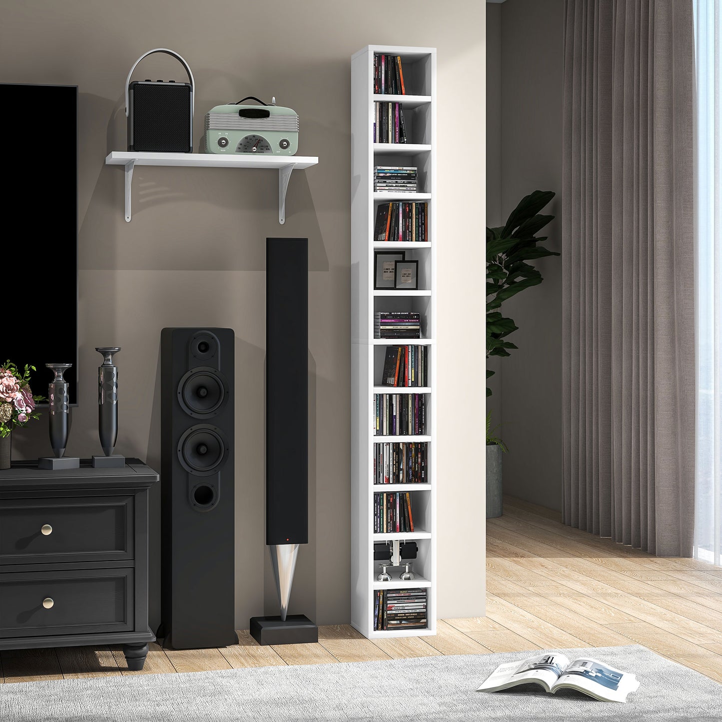 Manina Wood White Tall Narrow CD Storage Tower With 204 Disc Capacity