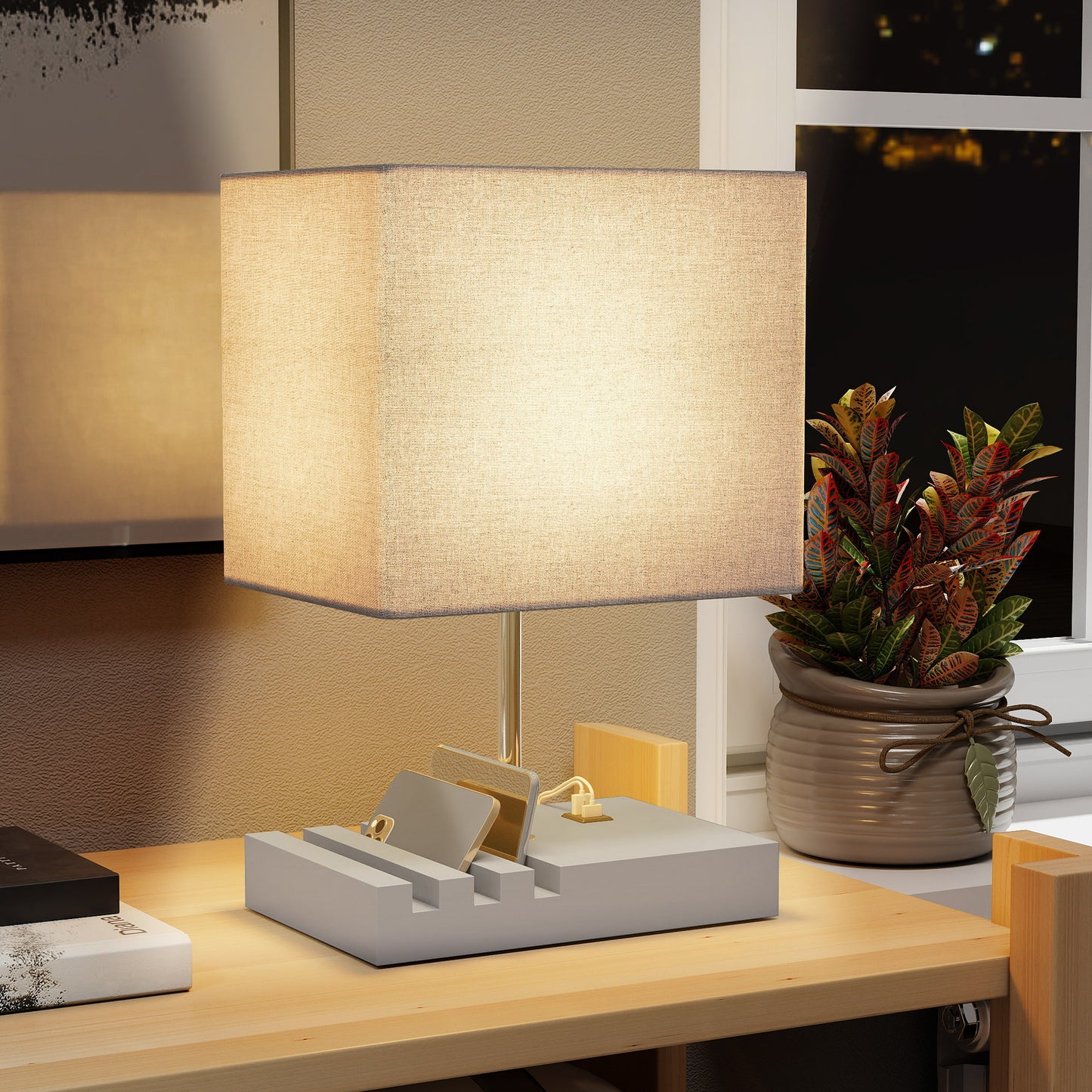 Kata Wood And Fabric Grey Bedside Table Lamp With USB Charging Ports Phone Stands And Fabric Shade
