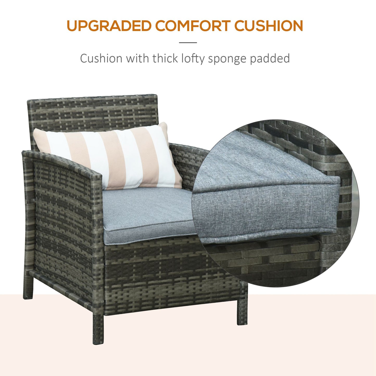 Vatara Grey Rattan Outdoor Garden 3 Piece Bistro Set With 2 Tier Glass Coffee Table And Stripe Cushions