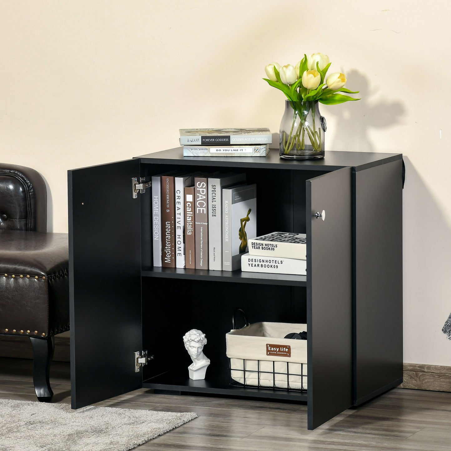 Cosofi Black Wood Freestanding Storage Cabinet 2 Doors 2 Shelves