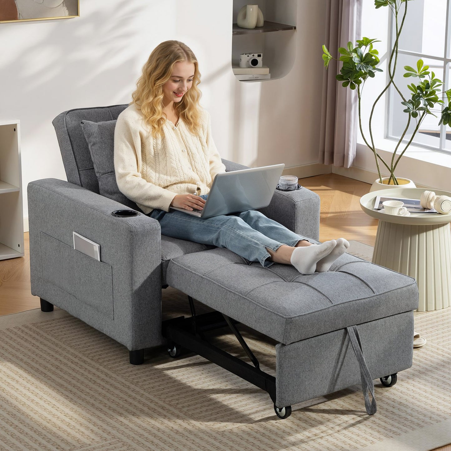 Soliri Grey Upholstered 3 In One Convertible Single Sofa Bed Tufted Cushion