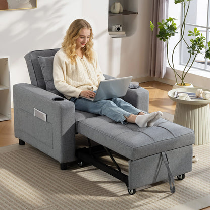 Soliri Grey Upholstered 3 In One Convertible Single Sofa Bed Tufted Cushion