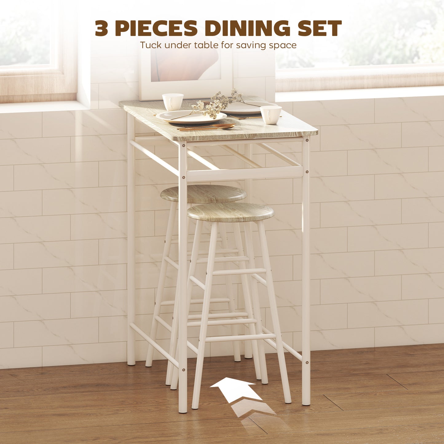 Fira Rodo Metal And Wooden White And Oak Breakfast Bar Table And Stool Set With Storage