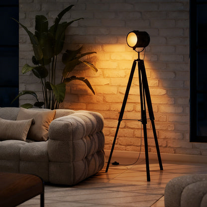 Suta Wood And Metal Black Tripod Searchlight Floor Lamp Adjustable Head