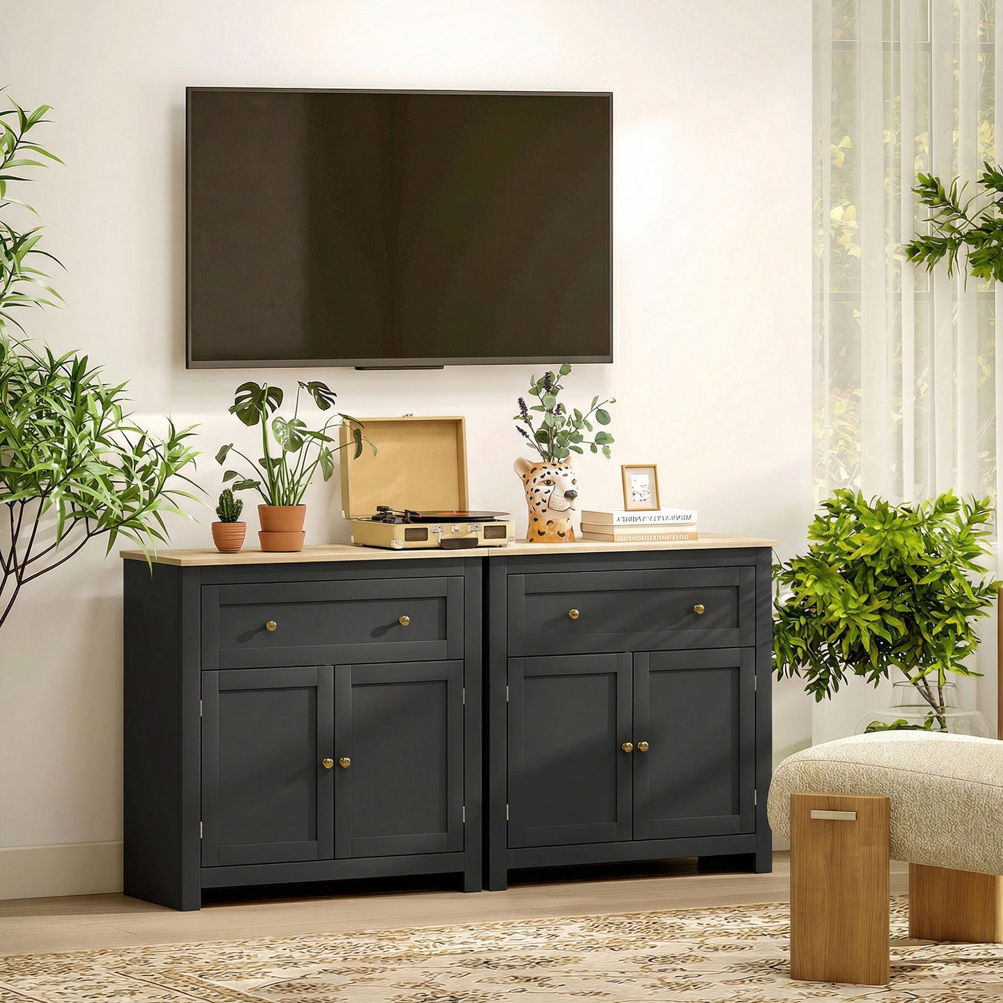 Elrere Wooden Black Modern Sideboard With Drawers Adjustable Shelves And Double Doors
