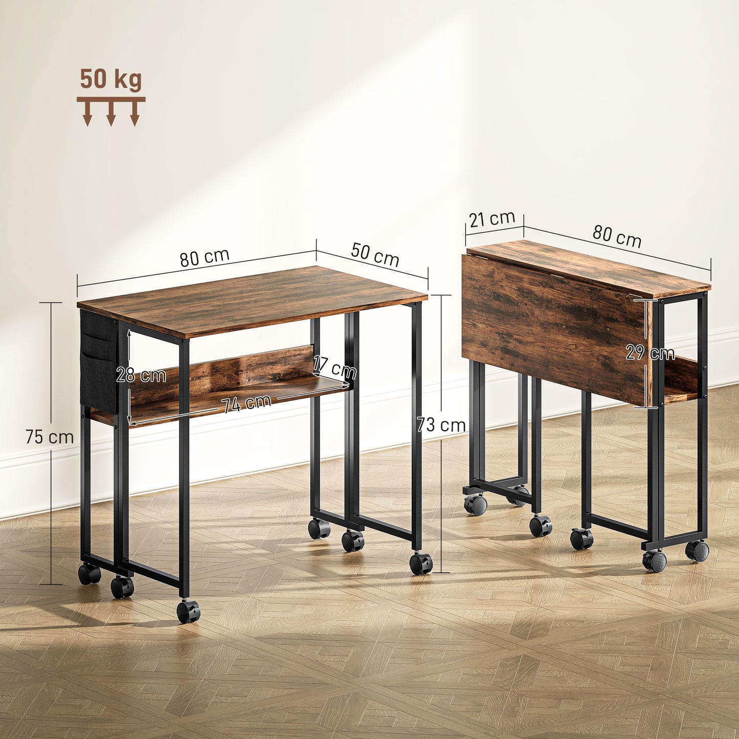 Saha 80cm Wooden Rustic Brown Drop Leaf Writing Desk