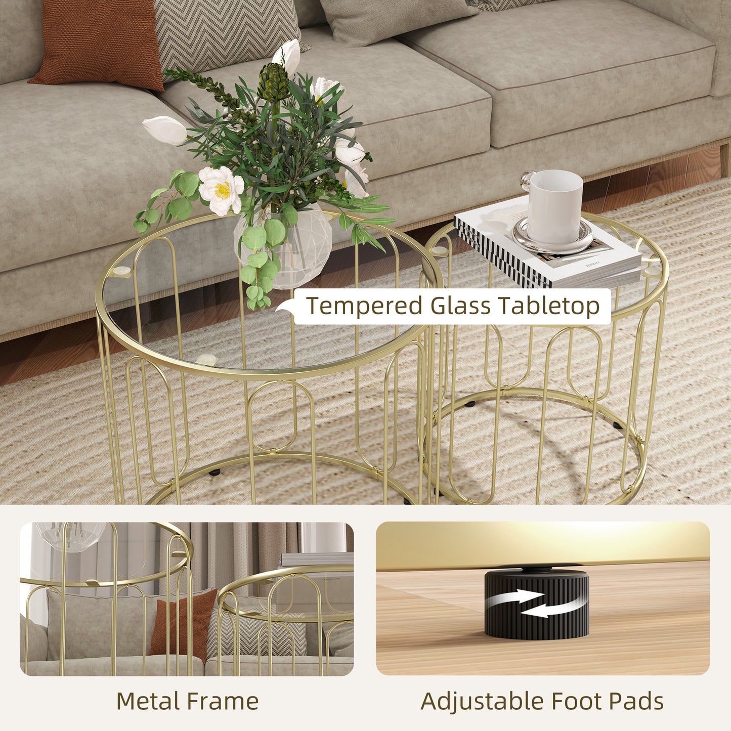 Rosa Metal Gold Tone Set Of 2 Elliptical Cut Out Nesting Tables