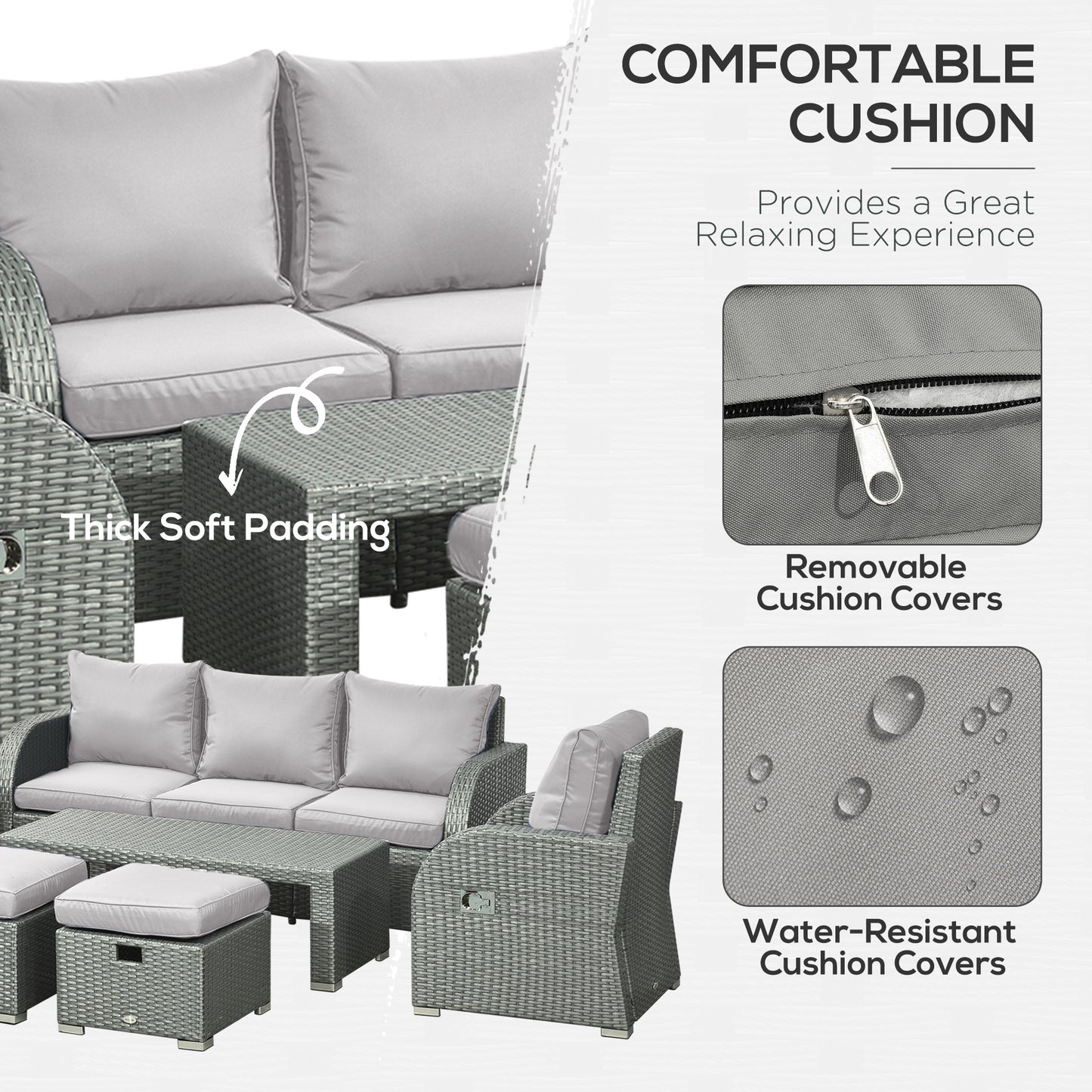 Tanette Rattan Grey 7 Seater Outdoor Sofa Set With Reclining 2 Armchairs And 2 Stools