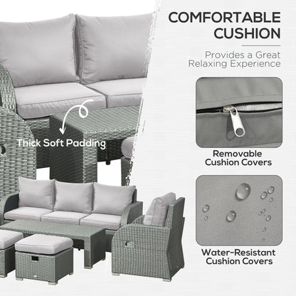 Tanette Rattan Grey 7 Seater Outdoor Sofa Set With Reclining 2 Armchairs And 2 Stools