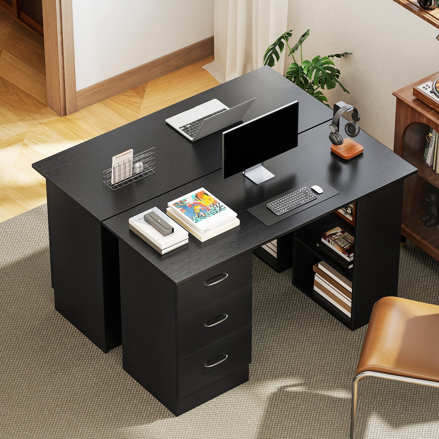 Tonosa 120cm Wooden Black Study Desk With 3 Shelves And 3 Drawers