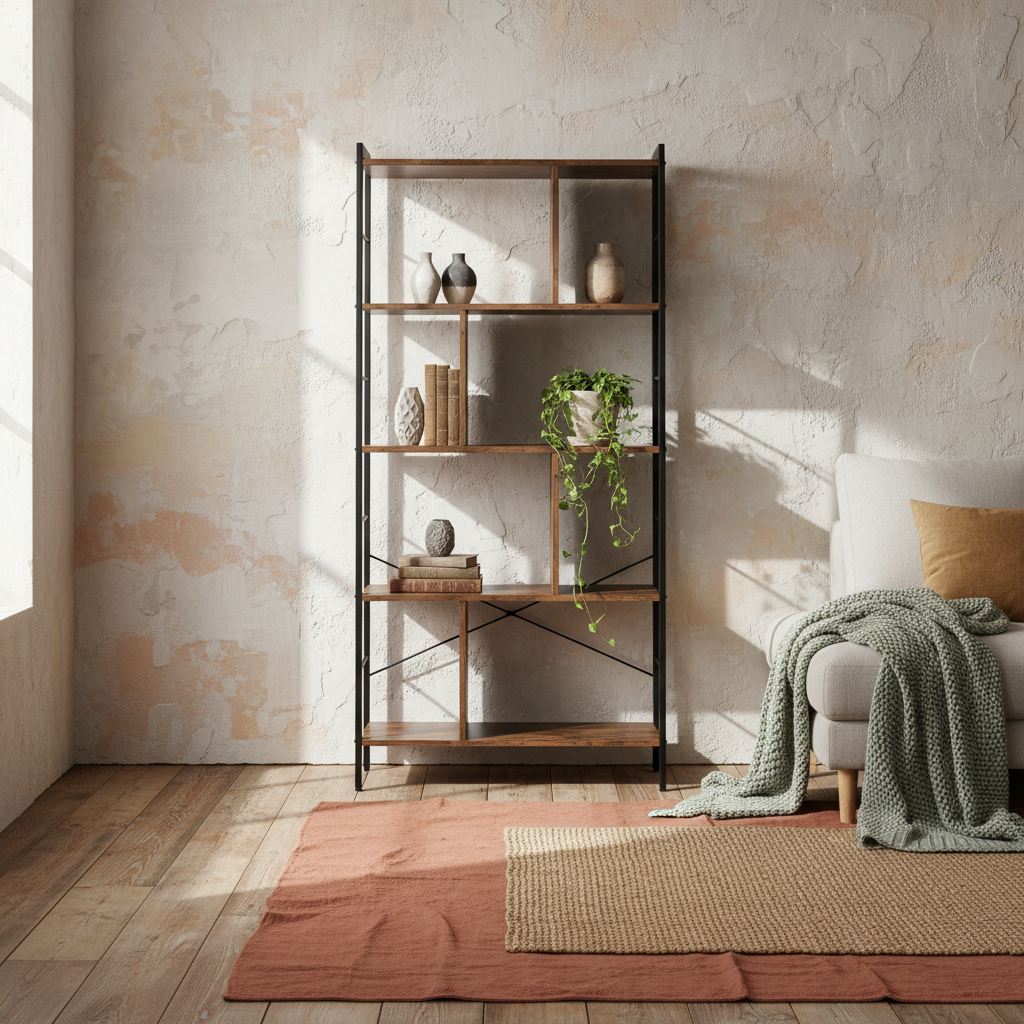 Nofaluno Metal And Wood Rustic Brown And Black 5 Tier Industrial OFauxn Shelf Bookcase