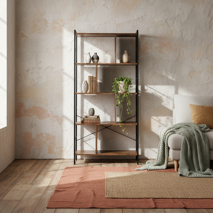 Nofaluno Metal And Wood Rustic Brown And Black 5 Tier Industrial OFauxn Shelf Bookcase