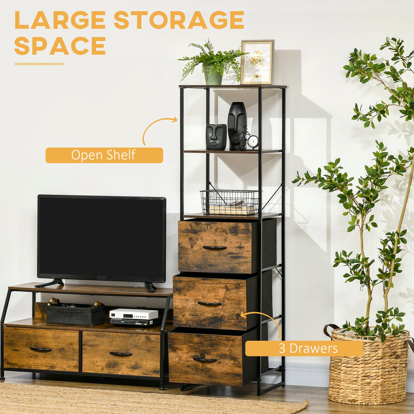 Rana Black Metal And Rustic Brown Unit With Shelves And Fabric Drawers