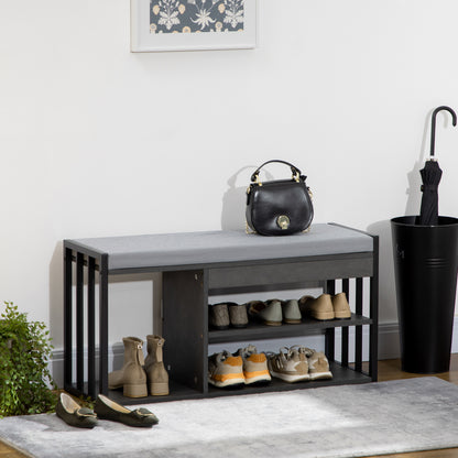 Vifava Neyo Grey Wood and Black Metal Upholstered Entryway Shoe Bench With 3 Shelves