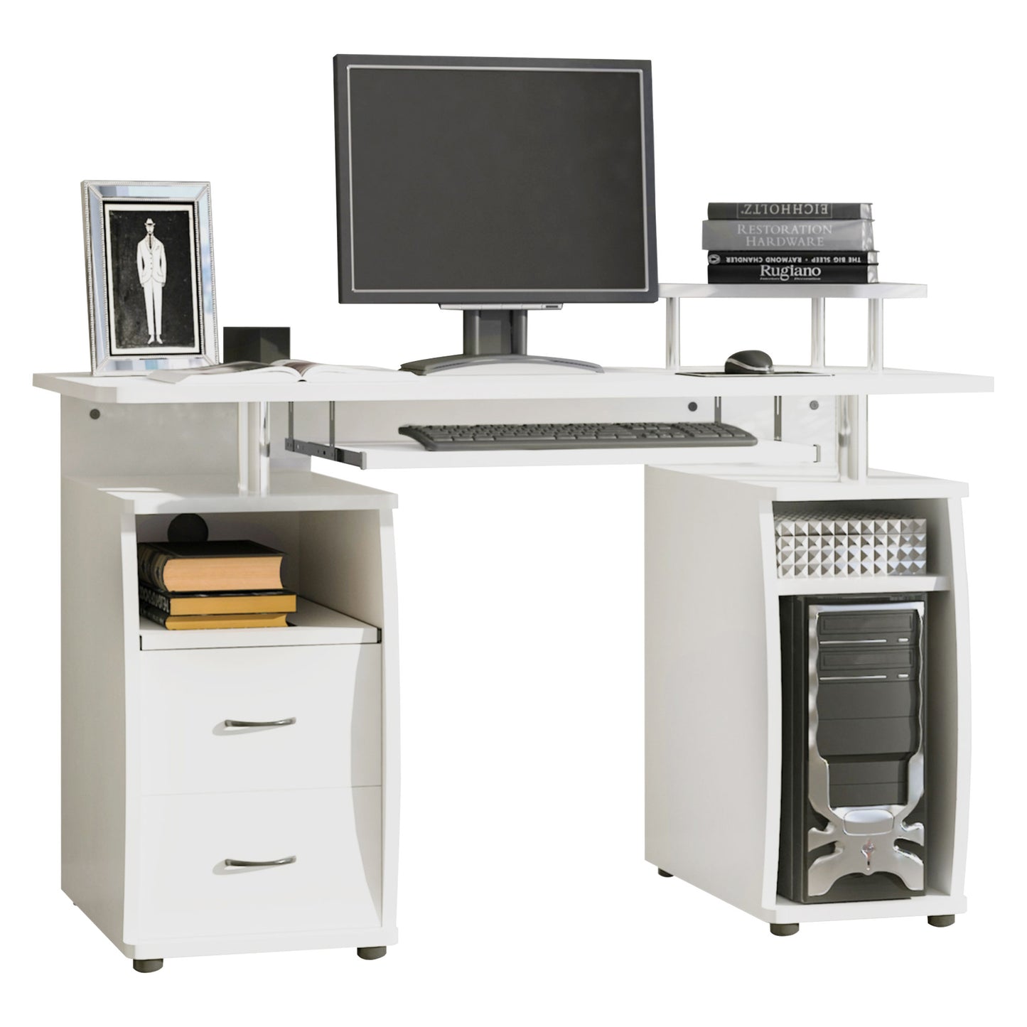 Risaso 120cm White Office Desk With Sliding Keyboard Tray 2 Drawers And Shelving