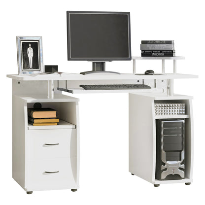 Risaso 120cm White Office Desk With Sliding Keyboard Tray 2 Drawers And Shelving