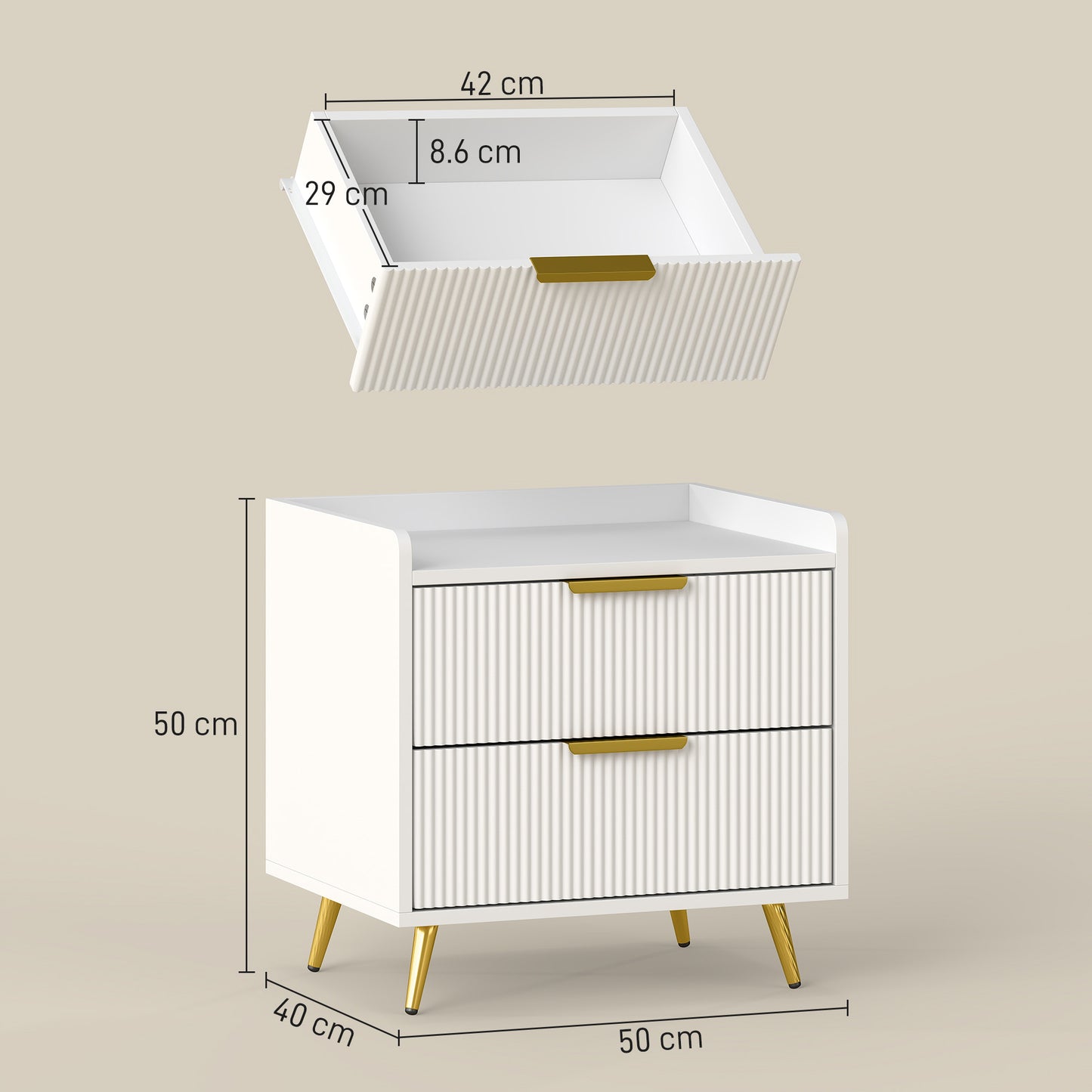 Yoha White and Gold Ribbed 2 Drawer Bedside Table
