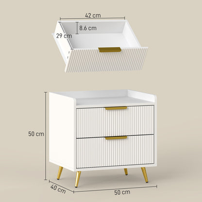 Yoha White and Gold Ribbed 2 Drawer Bedside Table