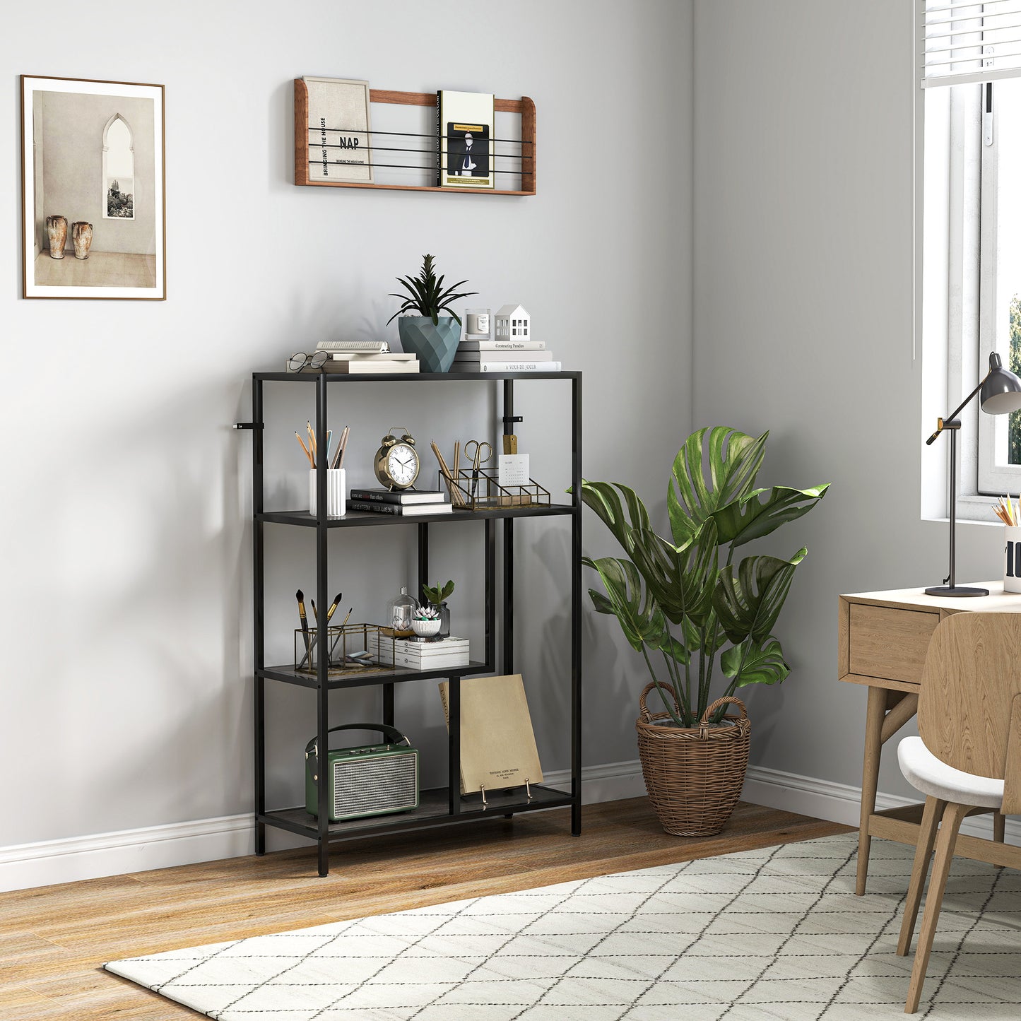 Risudo Wood Charcoal Grey 4 Tier Bookcase With OFauxn Shelving