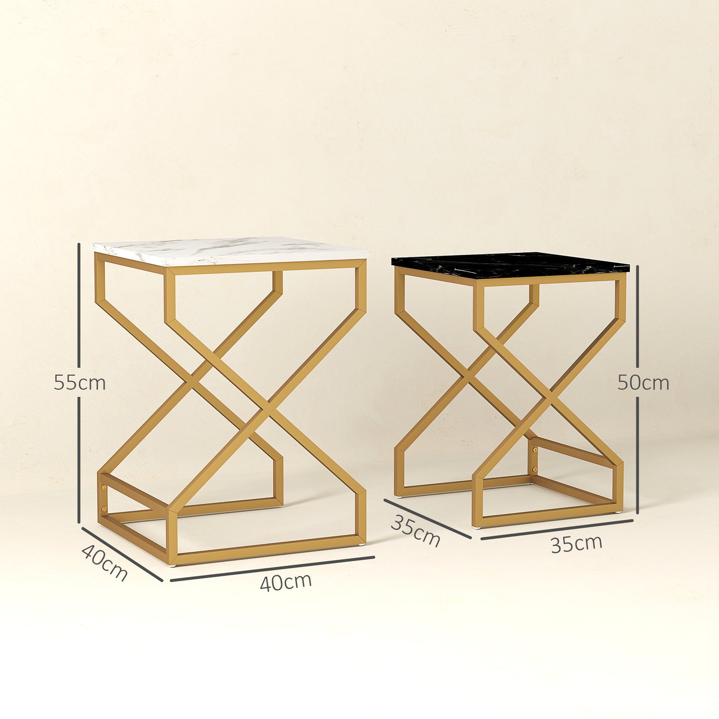 Revi Set Of 2 Marble Effect Nesting Side Tables Gold Metal Legs