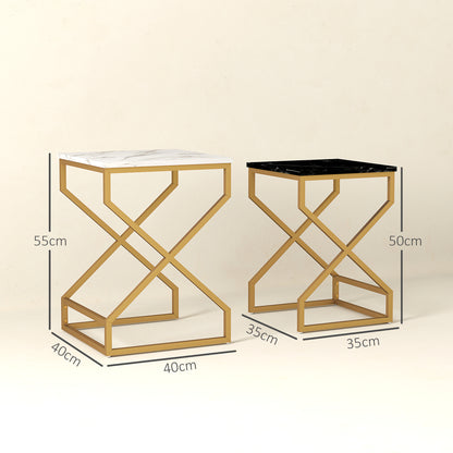 Revi Set Of 2 Marble Effect Nesting Side Tables Gold Metal Legs