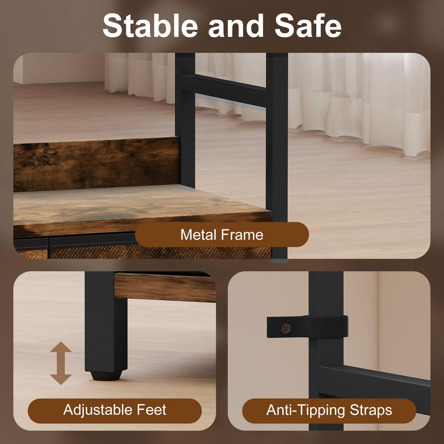 Cova Metal And Wood Brown And Black Industrial Bookcase With 4 Shelves And Fabric Drawers