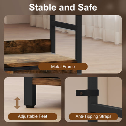 Cova Metal And Wood Brown And Black Industrial Bookcase With 4 Shelves And Fabric Drawers
