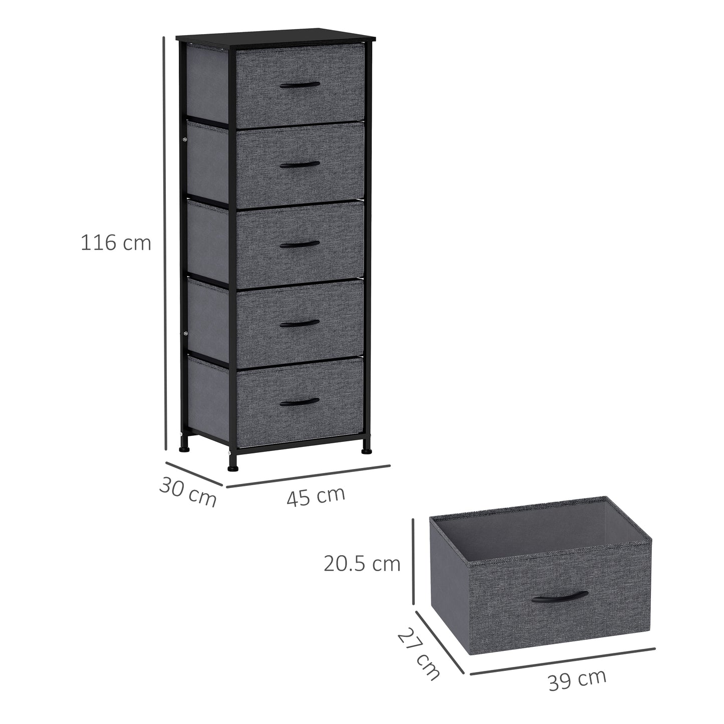 Ralora Metal And Fabric Dark Grey 5 Drawer Industrial Storage Dresser With Steel Frame