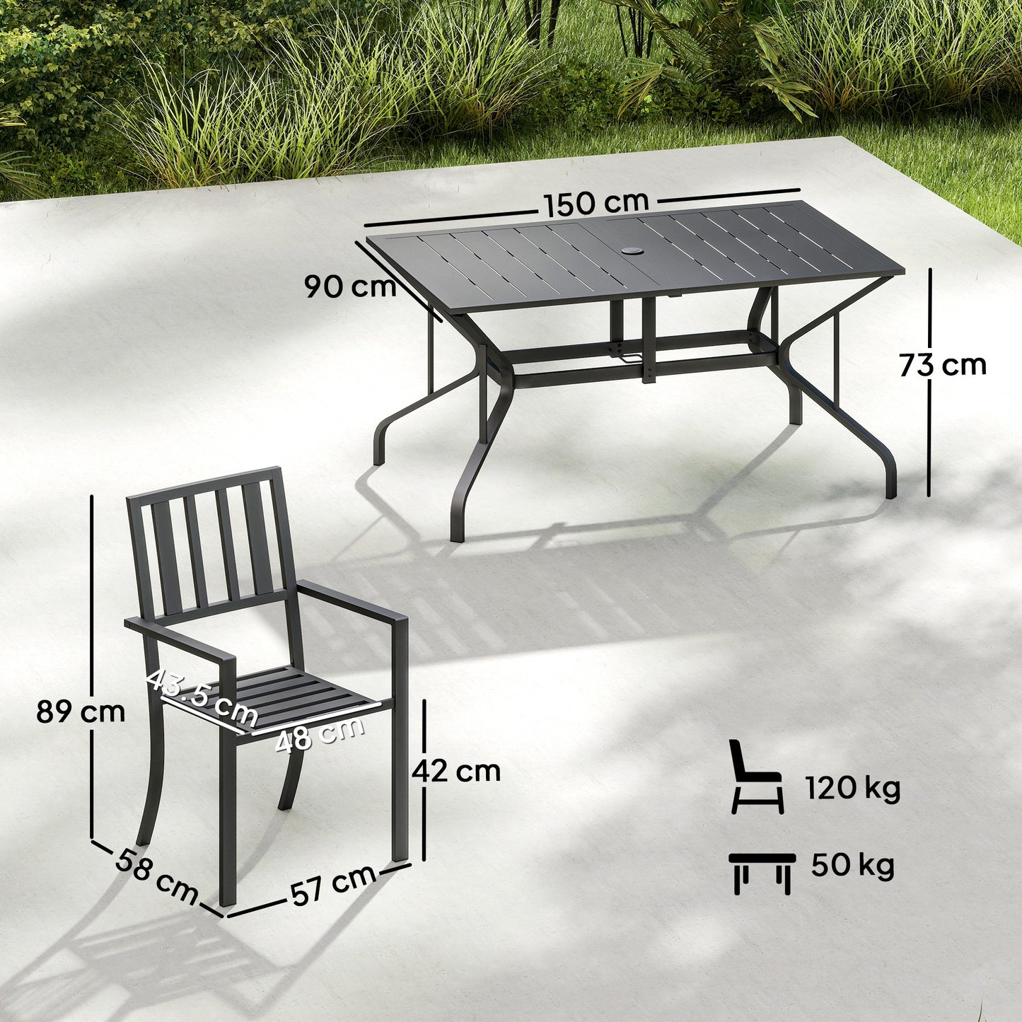 Suri Metal Black 6 Seater Outdoor Dining Table And Chairs Set With Parasol Hole