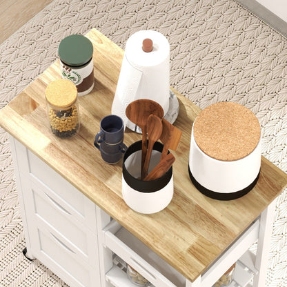 Lonoronno Wooden White Compact Rolling Kitchen Island With Natural 3 Shelves 3 Drawers
