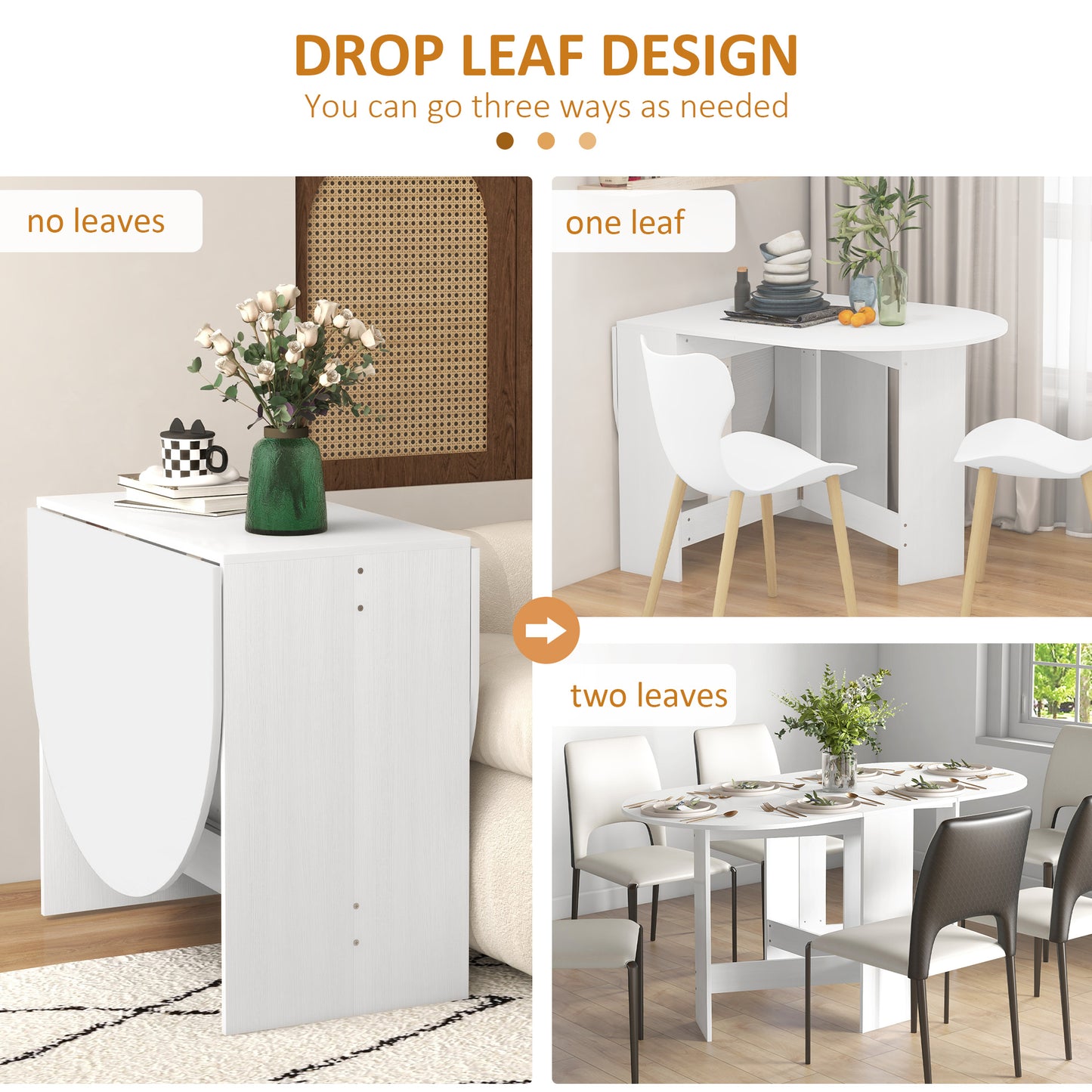 Ziri Wooden White Washed Finish Oval Drop Leaf Dining Table For Small Spaces