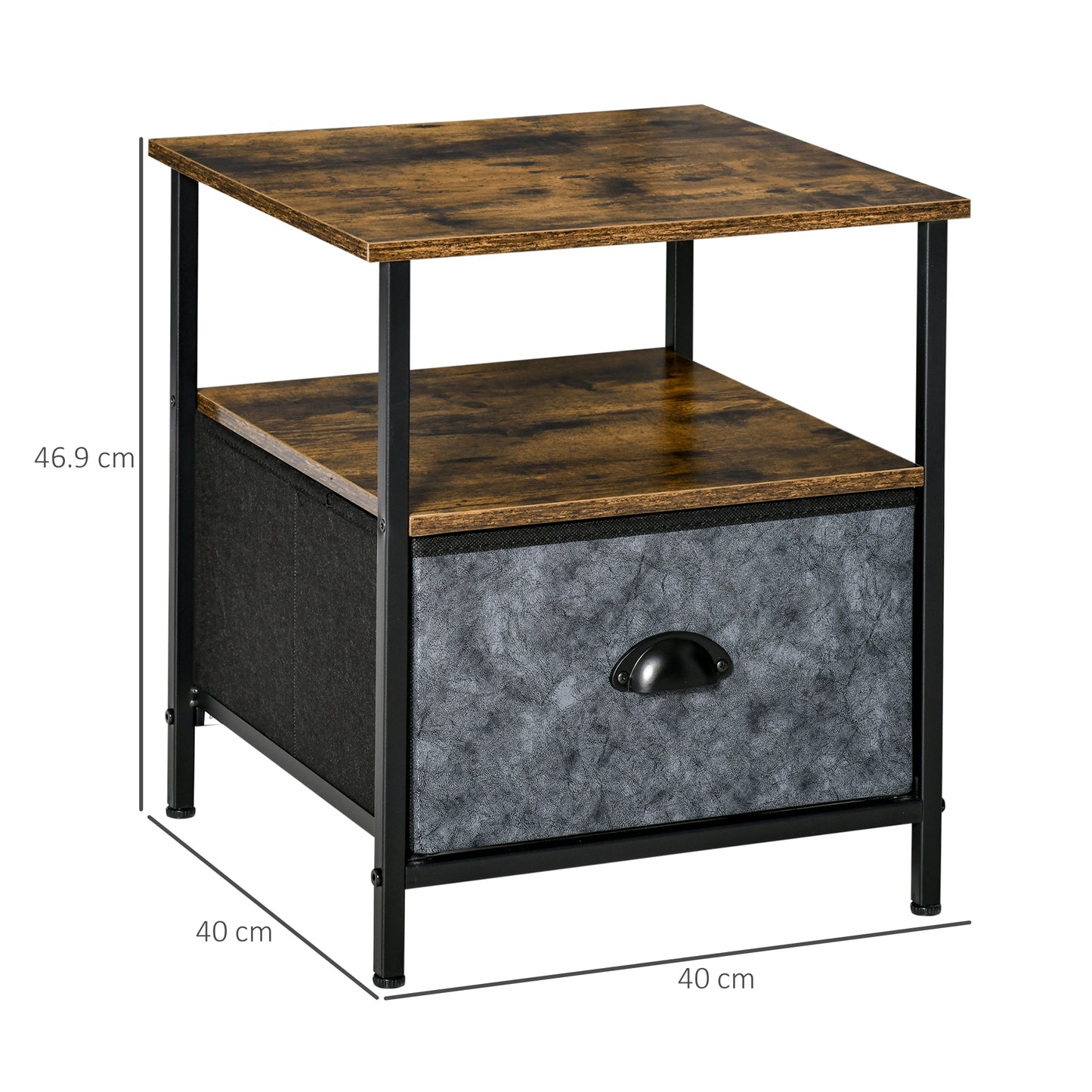 Nasuni Wooden Rustic Brown Bedside Table With Fabric Drawer and Top Shelf