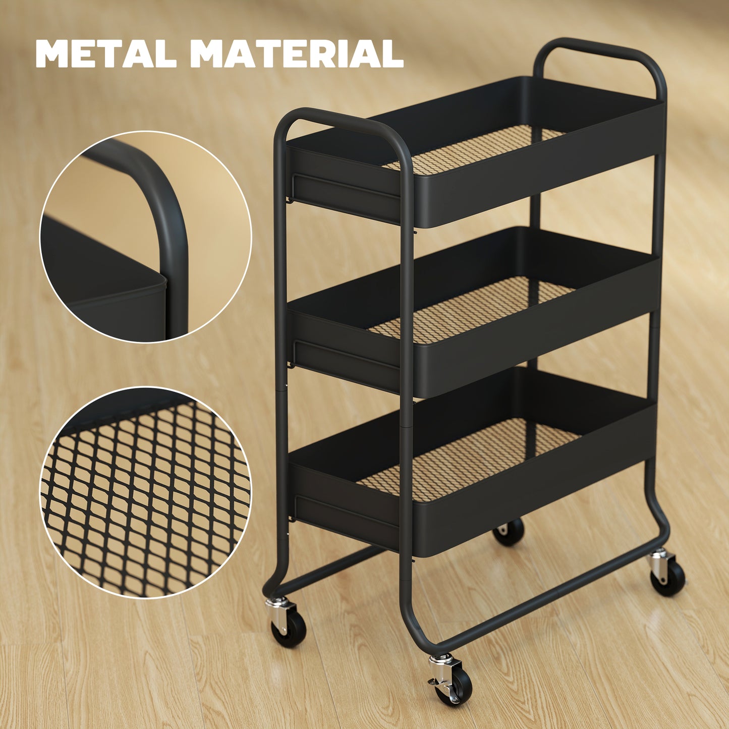 Rakemi Metal Black 3 Tier Rolling Utility Trolley With Mesh Baskets