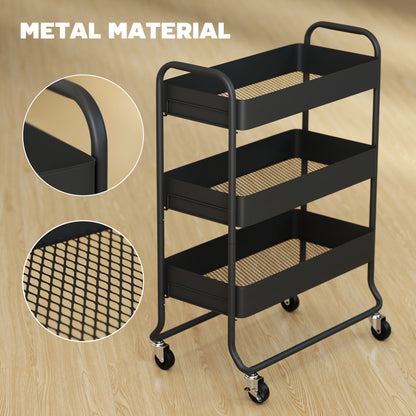 Rakemi Metal Black 3 Tier Rolling Utility Trolley With Mesh Baskets