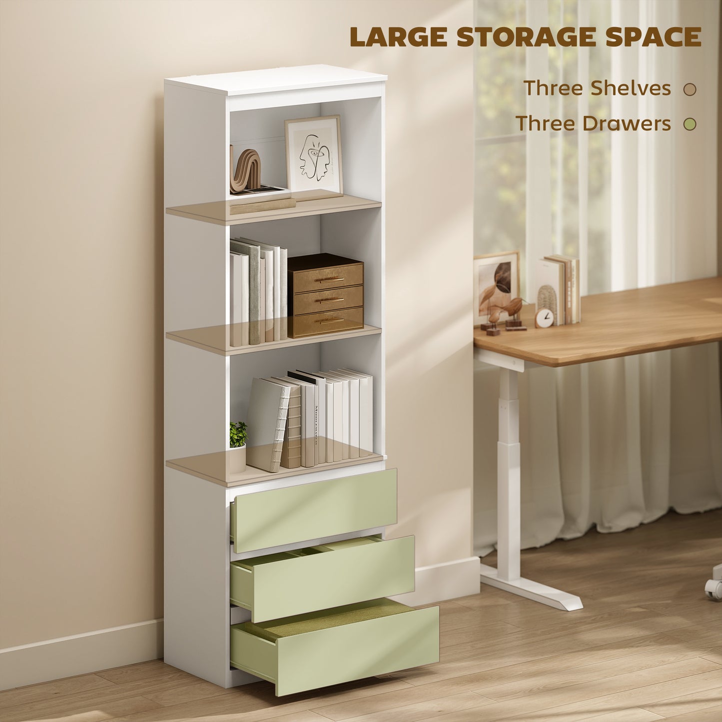 Seso Wood White Tall Bookcase With Shelves And Integrated Drawers 180 cm