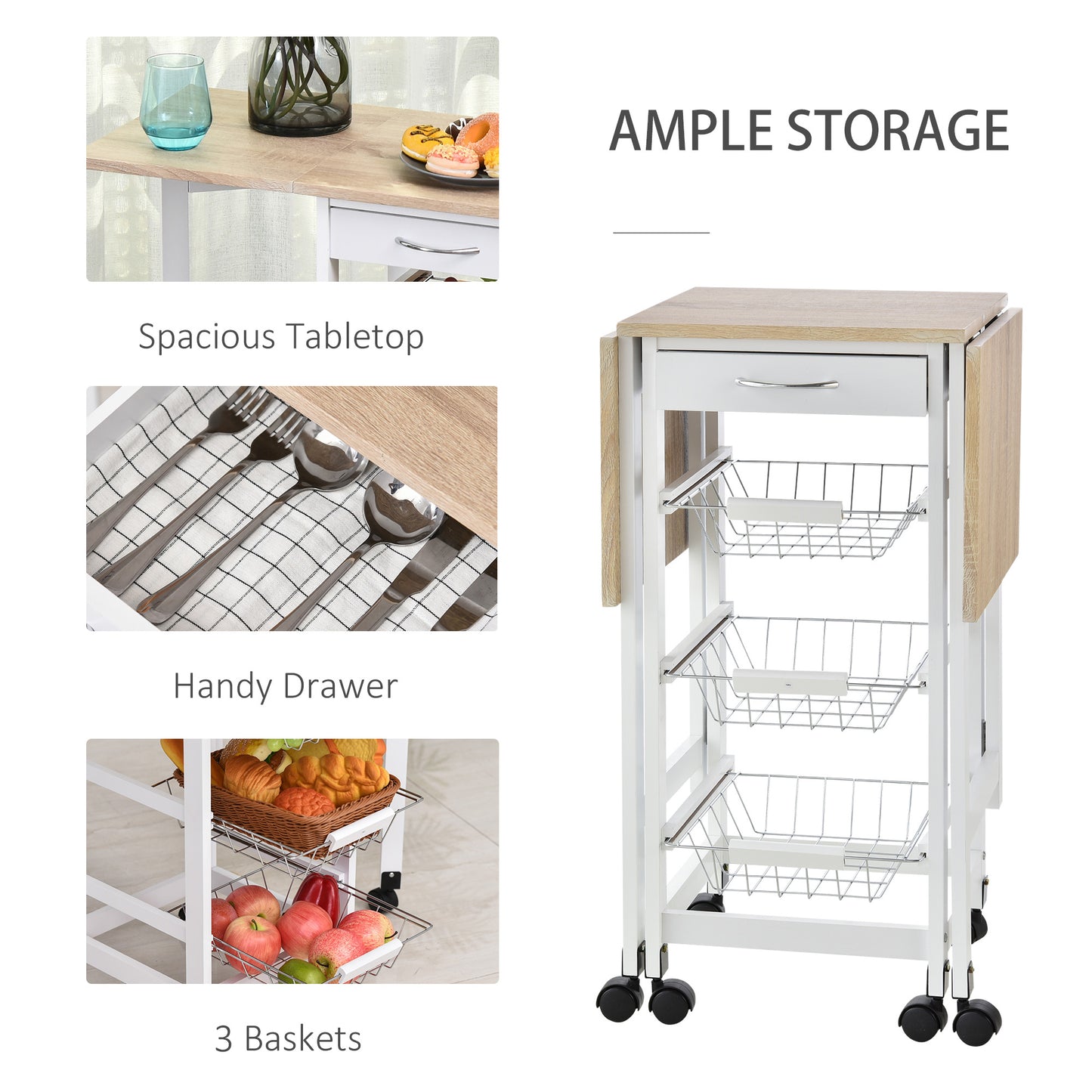 Ziha Wooden White Oak Tone Drop Leaf Kitchen Trolley With Baskets And Wheels