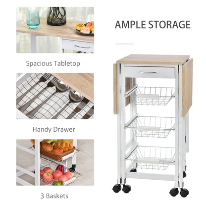 Ziha Wooden White Oak Tone Drop Leaf Kitchen Trolley With Baskets And Wheels
