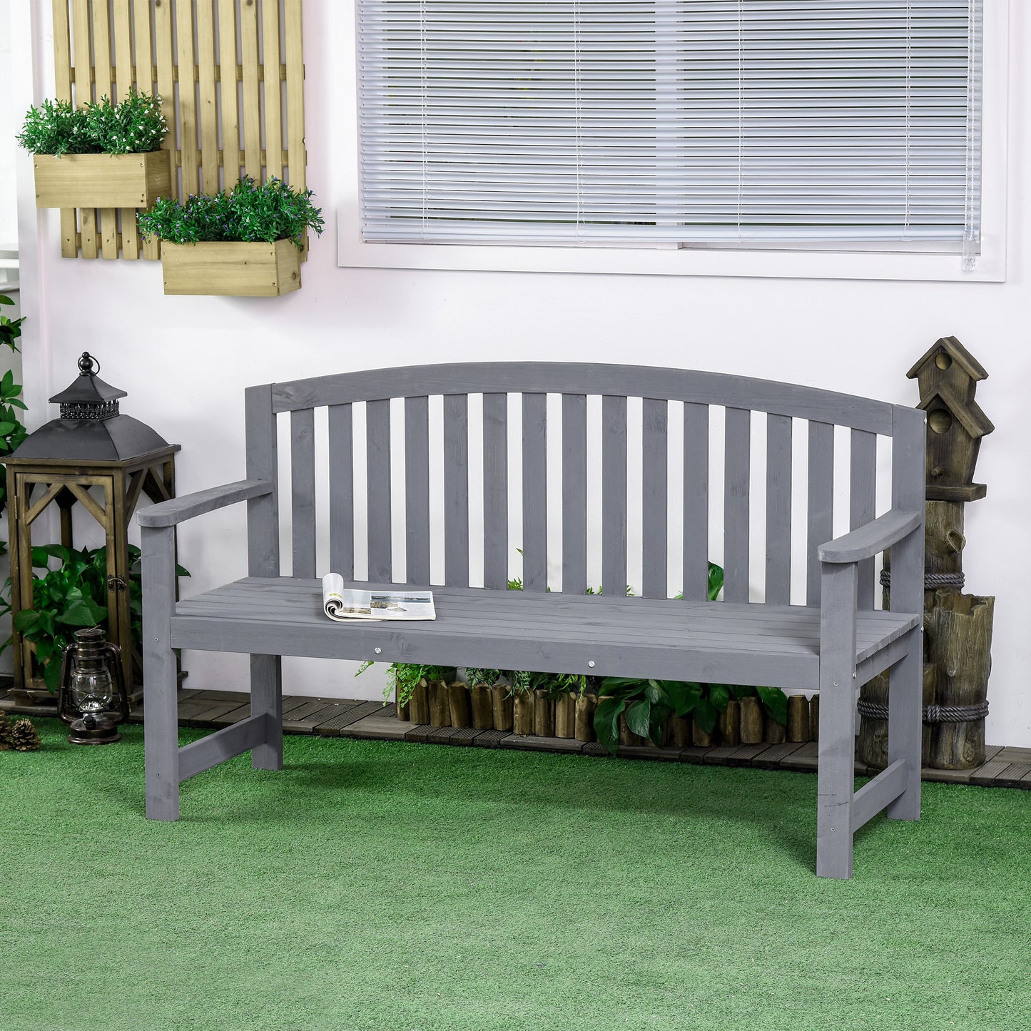Tola 143cm Grey Wood 2 Seater Garden Bench With Armrests Slatted Frame