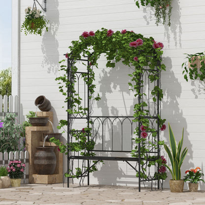 Moretta Metal Black Garden Bench With Arched Trellis Frame For Climbing Plants 115 x 50 x 203 cm
