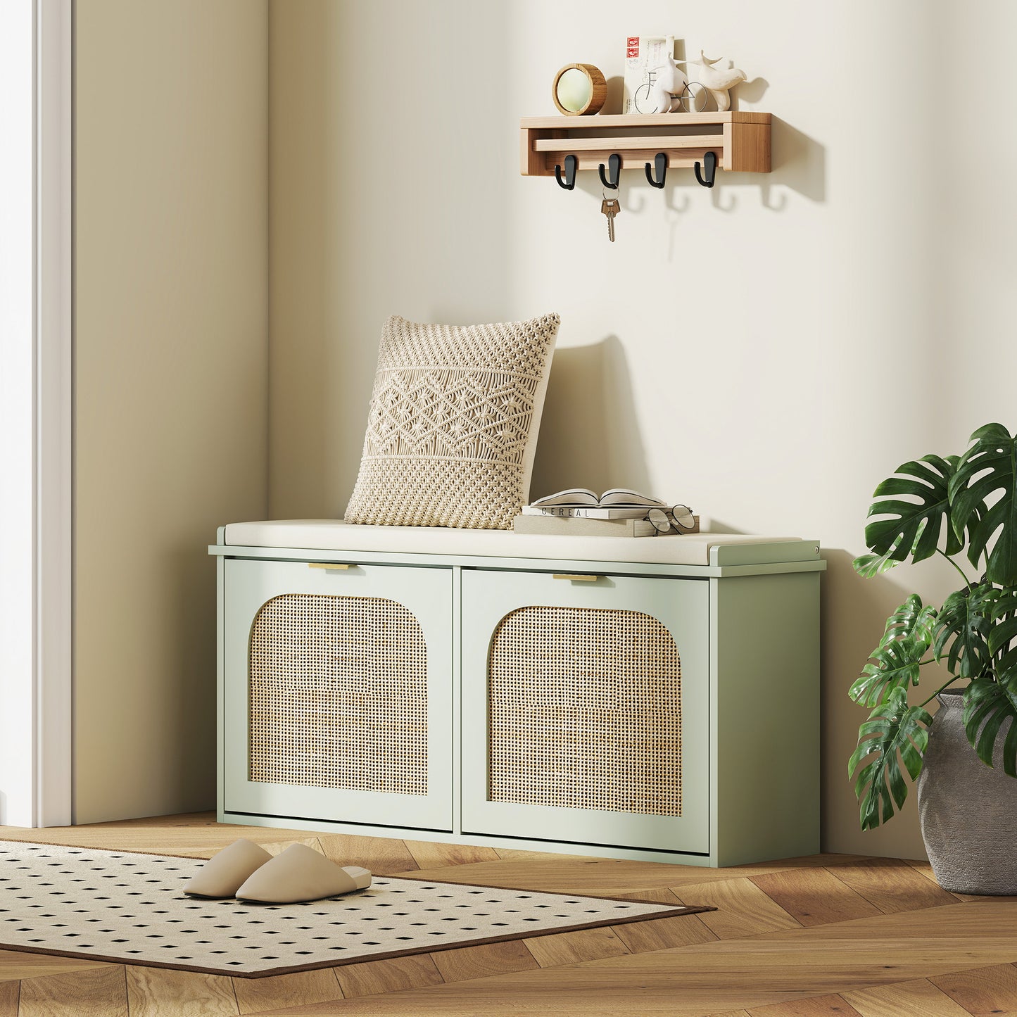 Rika Wooden Light Green Boho Style Shoe Bench With Cushioned Seat And 2 Flip Drawers