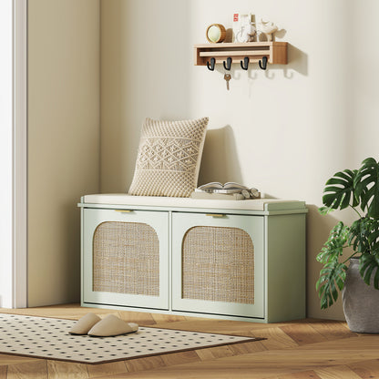 Rika Wooden Light Green Boho Style Shoe Bench With Cushioned Seat And 2 Flip Drawers