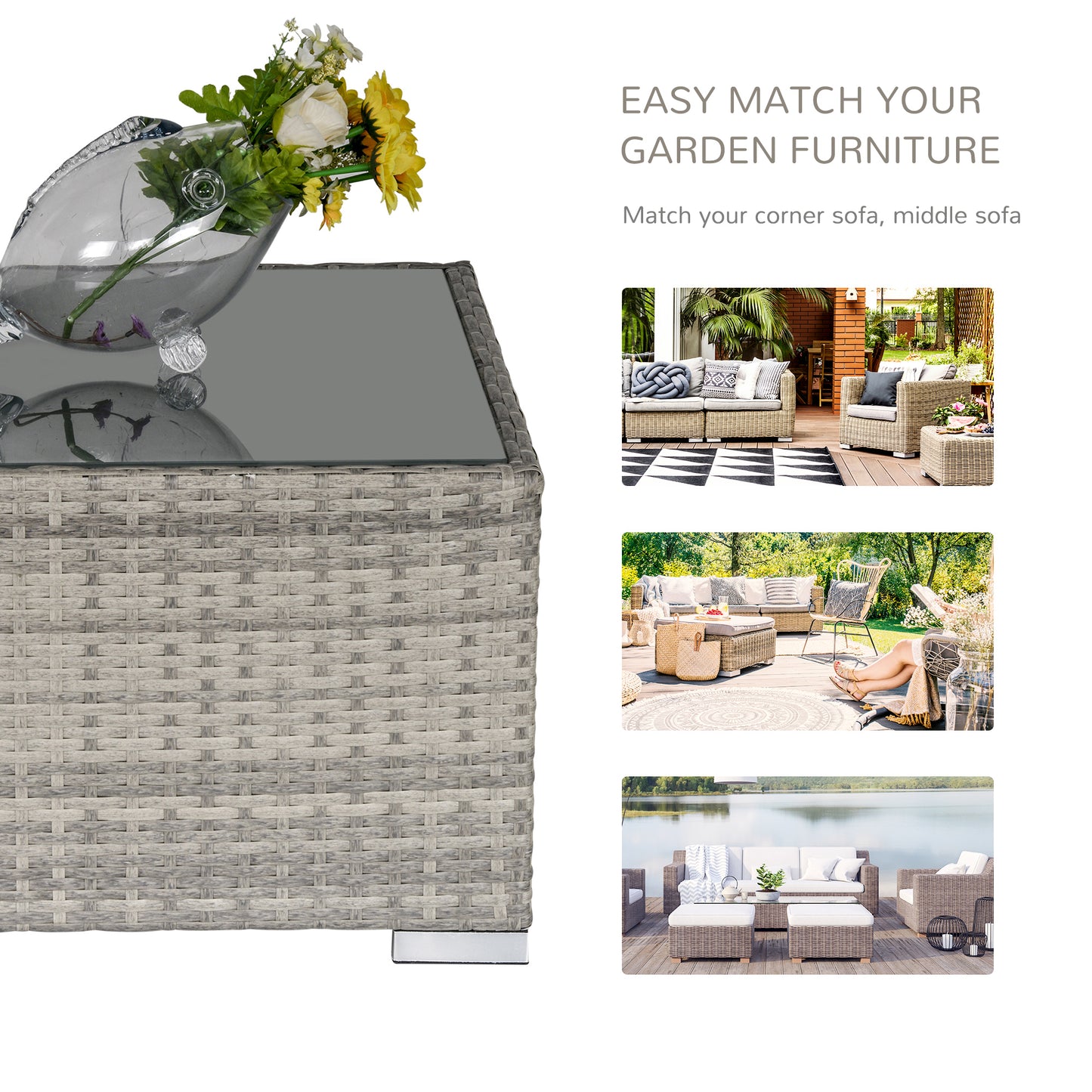 Vimito Rattan Light Grey Square Outdoor Side Table With Glass Top