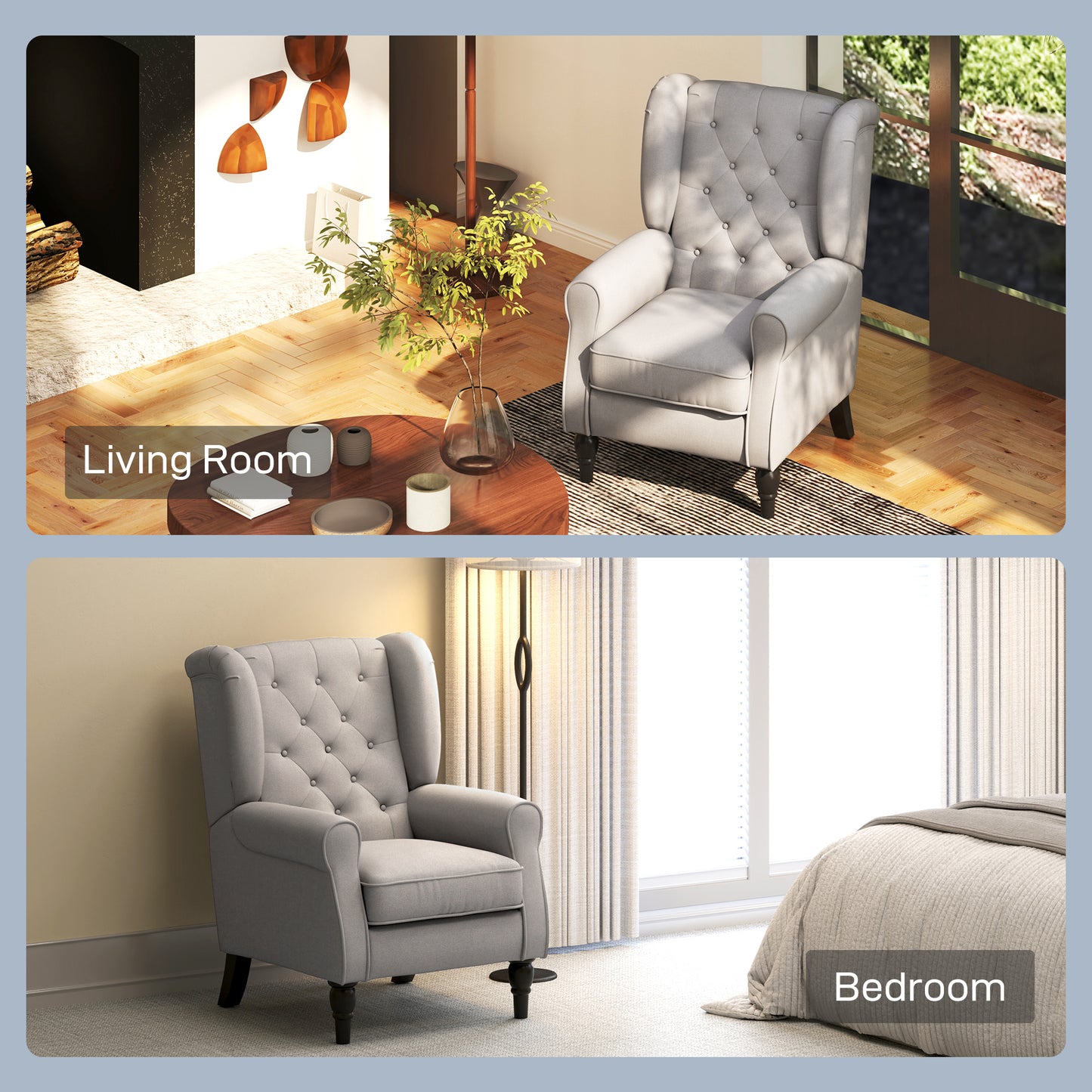 Diveco Fabric Grey Wingback Accent Chair With Button Tufting And Wooden Frame
