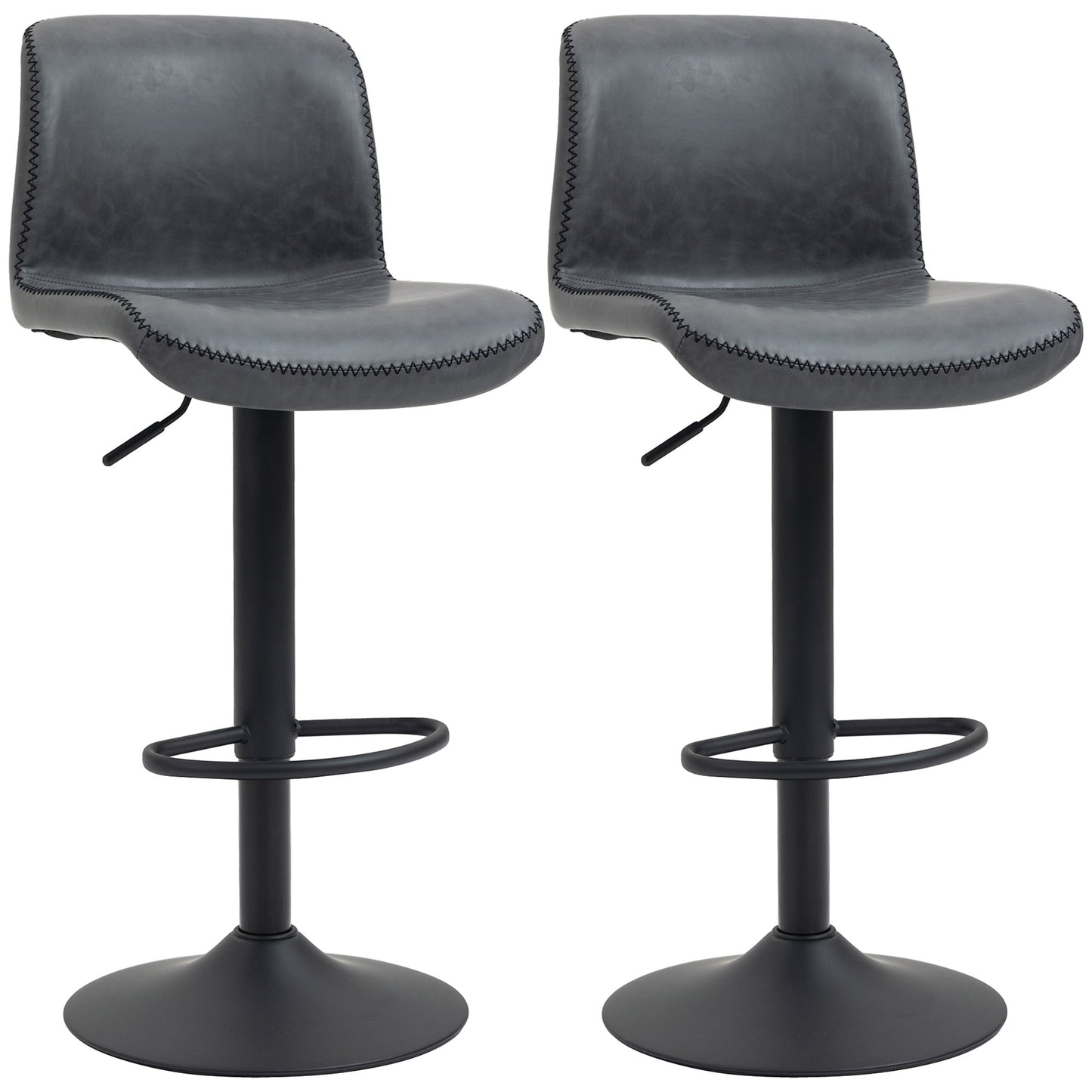 Moretta Faux Leather Dark Grey Bar Stools Set Of 2 With Backrest And Integrated Footrest