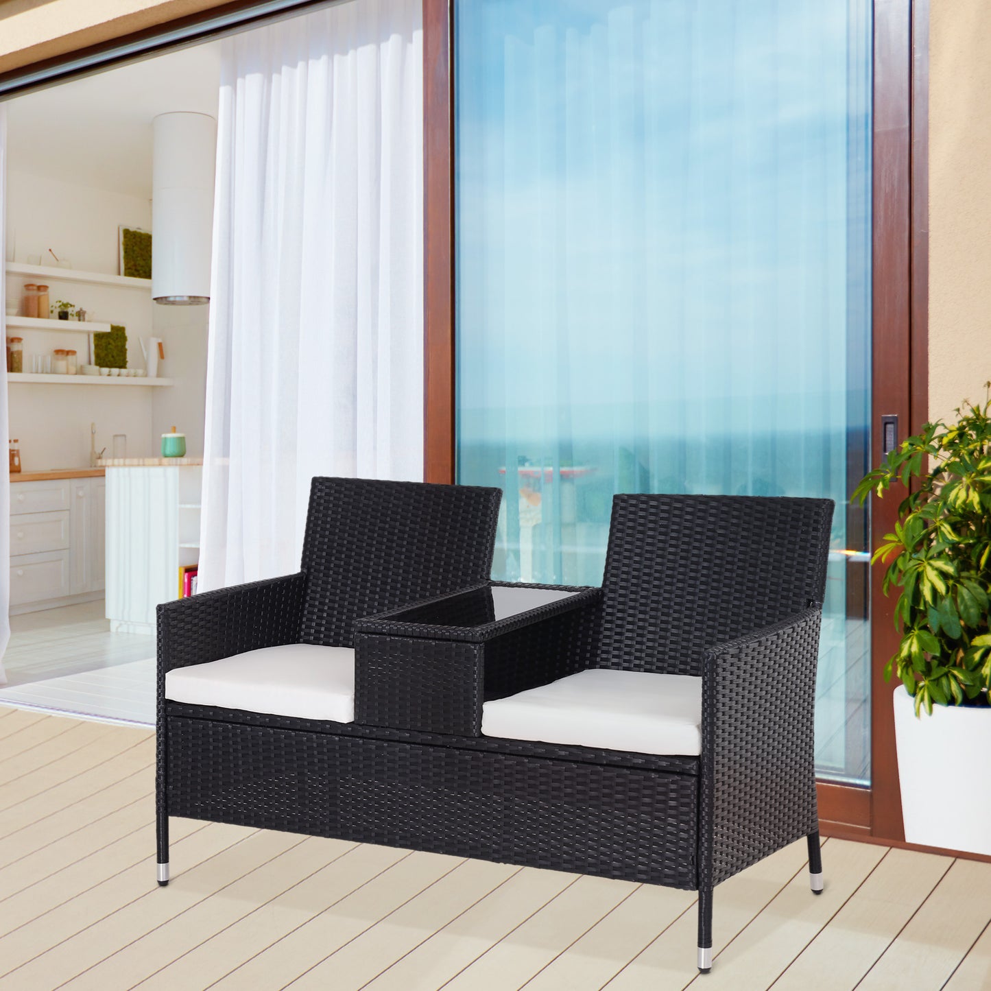 Nole Rattan Black 2 Seater Chair Set With Central Tea Table