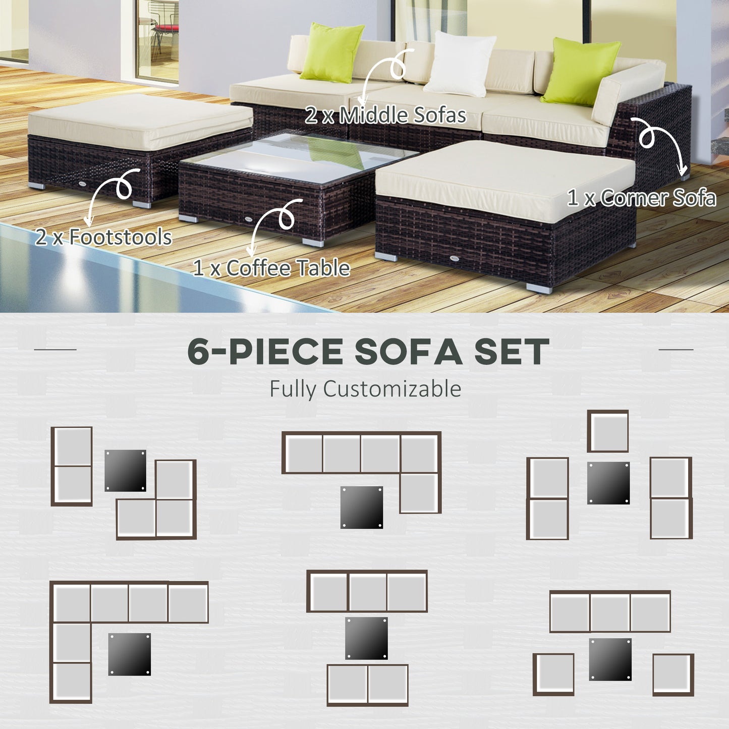 Baka Brown Rattan 9 Seater Outdoor Sofa And Coffee Table Set With Cream Cushions