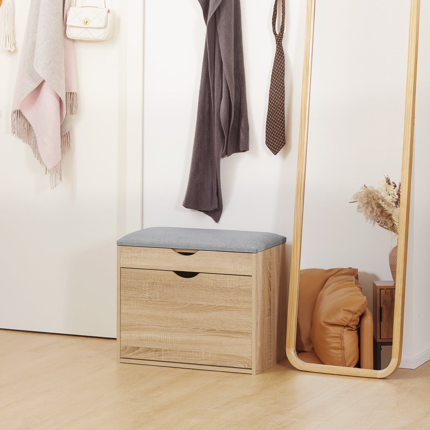 Zielma Wooden Natural Shoe Bench With Flip Up Storage And Grey Cushioned Seat