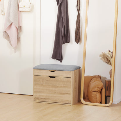Zielma Wooden Natural Shoe Bench With Flip Up Storage And Grey Cushioned Seat